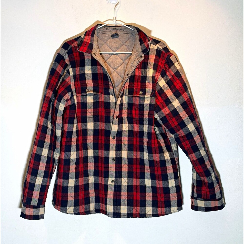 Tailor Vintage Mens Blue Red Plaid Flannel Quilted Shirt Jacket Large Hiking